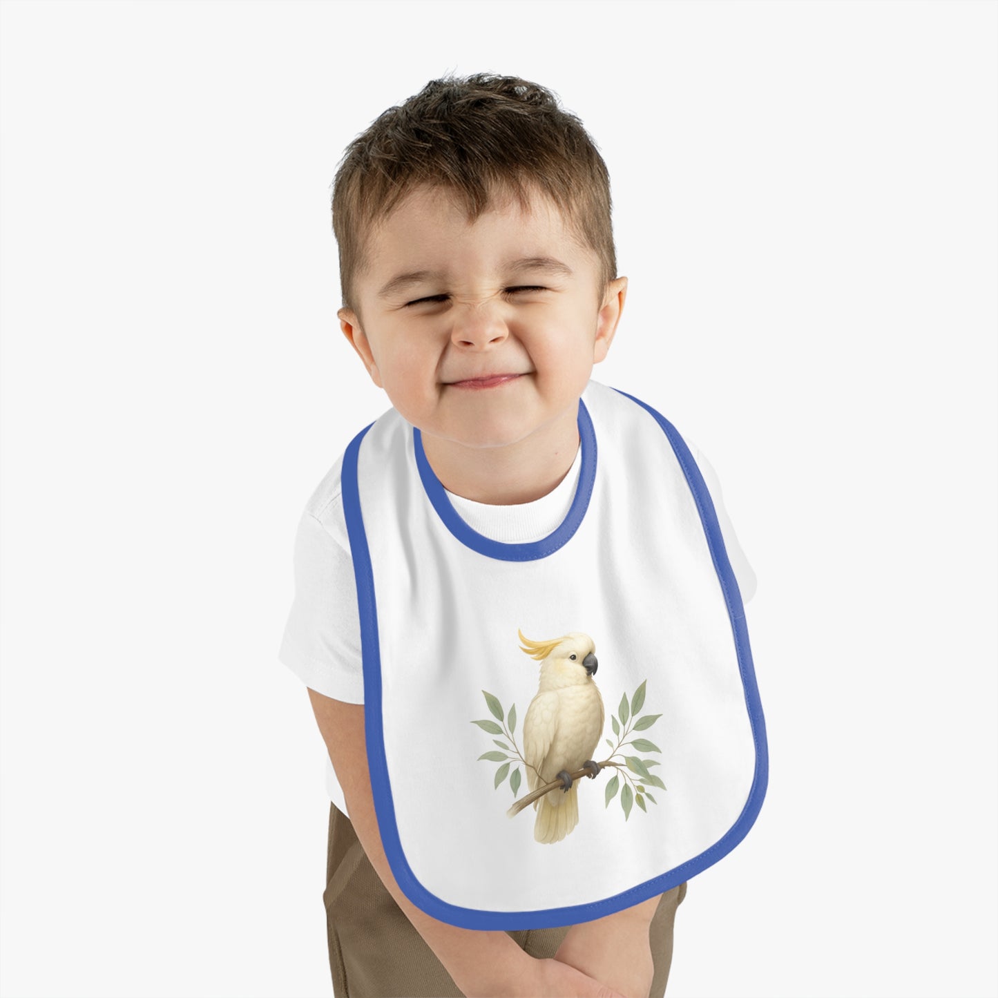 Cockatoo Baby Bib — Soft Contrast-Trim Jersey Bib with Watercolor Parrot Design