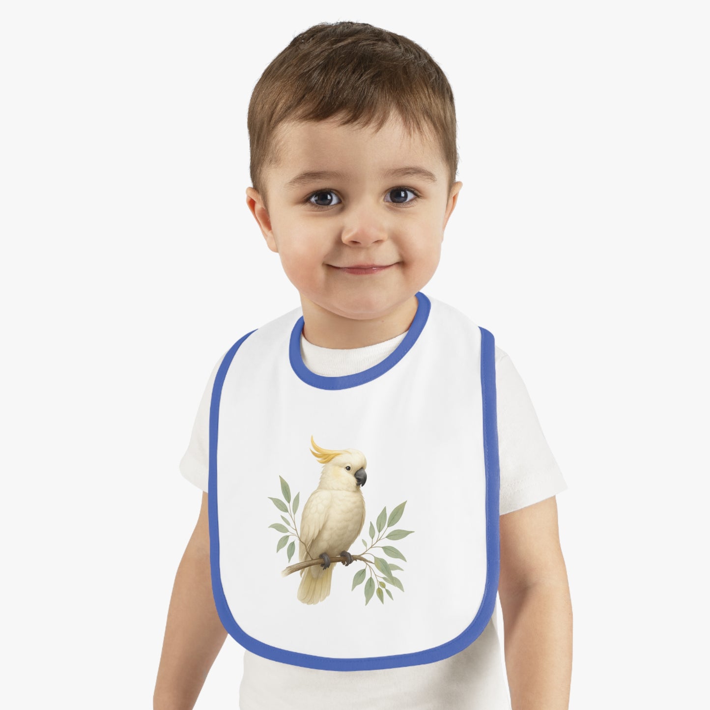 Cockatoo Baby Bib — Soft Contrast-Trim Jersey Bib with Watercolor Parrot Design