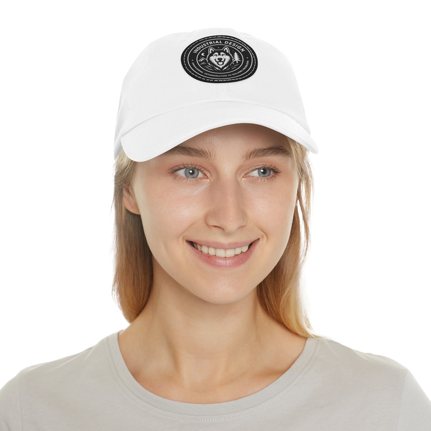 Husky Leather Patch Dad Hat — Vintage Industrial Dog Emblem Cap