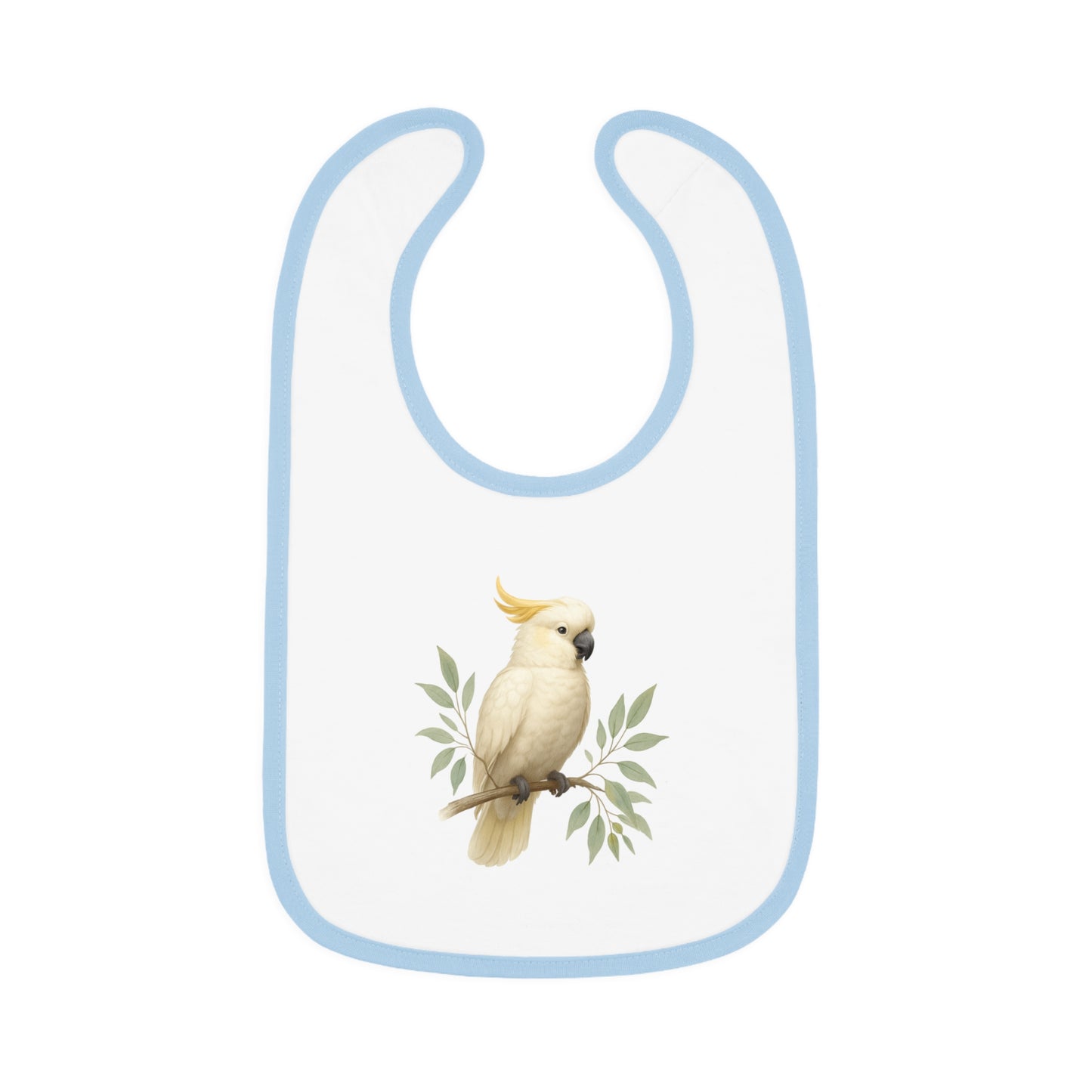Cockatoo Baby Bib — Soft Contrast-Trim Jersey Bib with Watercolor Parrot Design