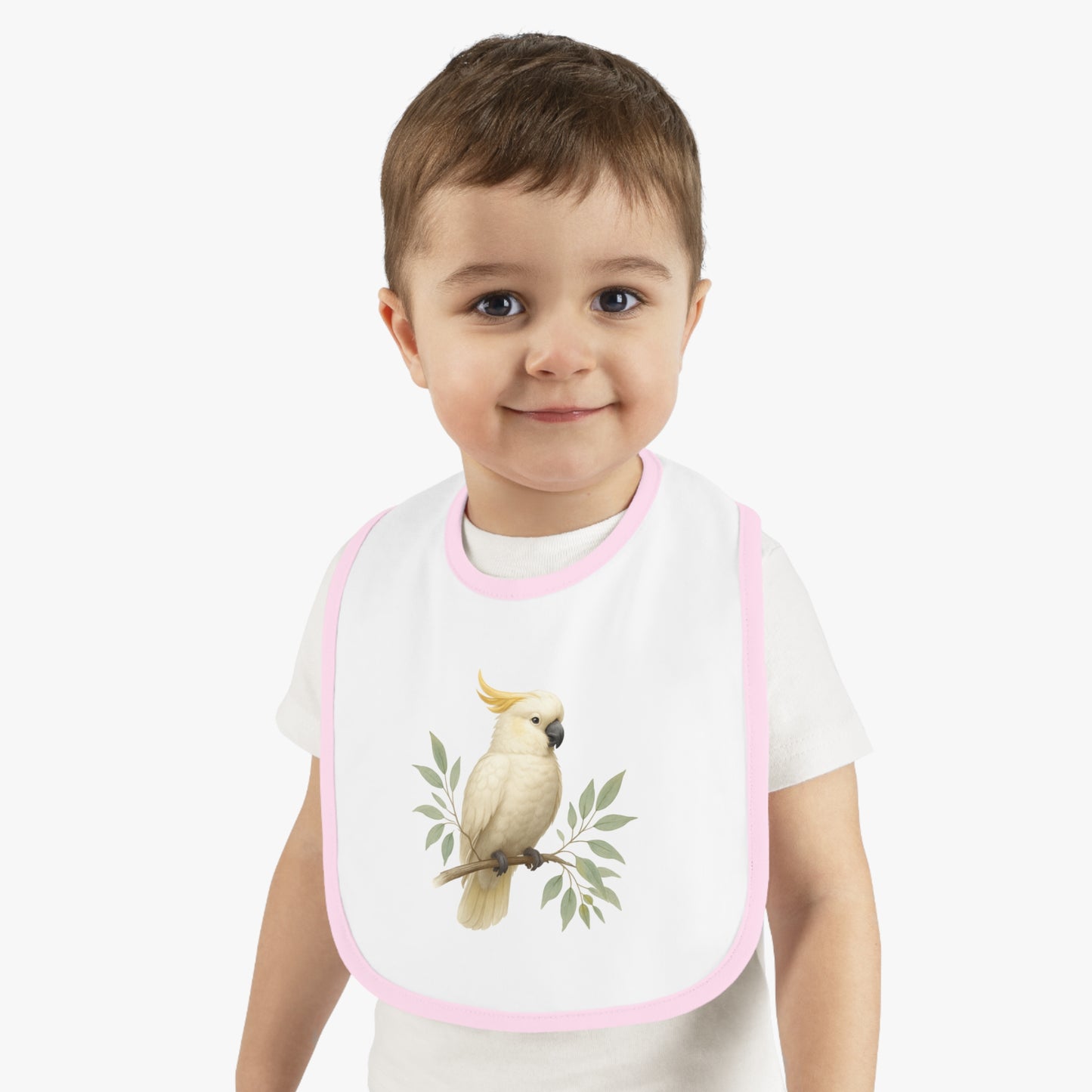 Cockatoo Baby Bib — Soft Contrast-Trim Jersey Bib with Watercolor Parrot Design