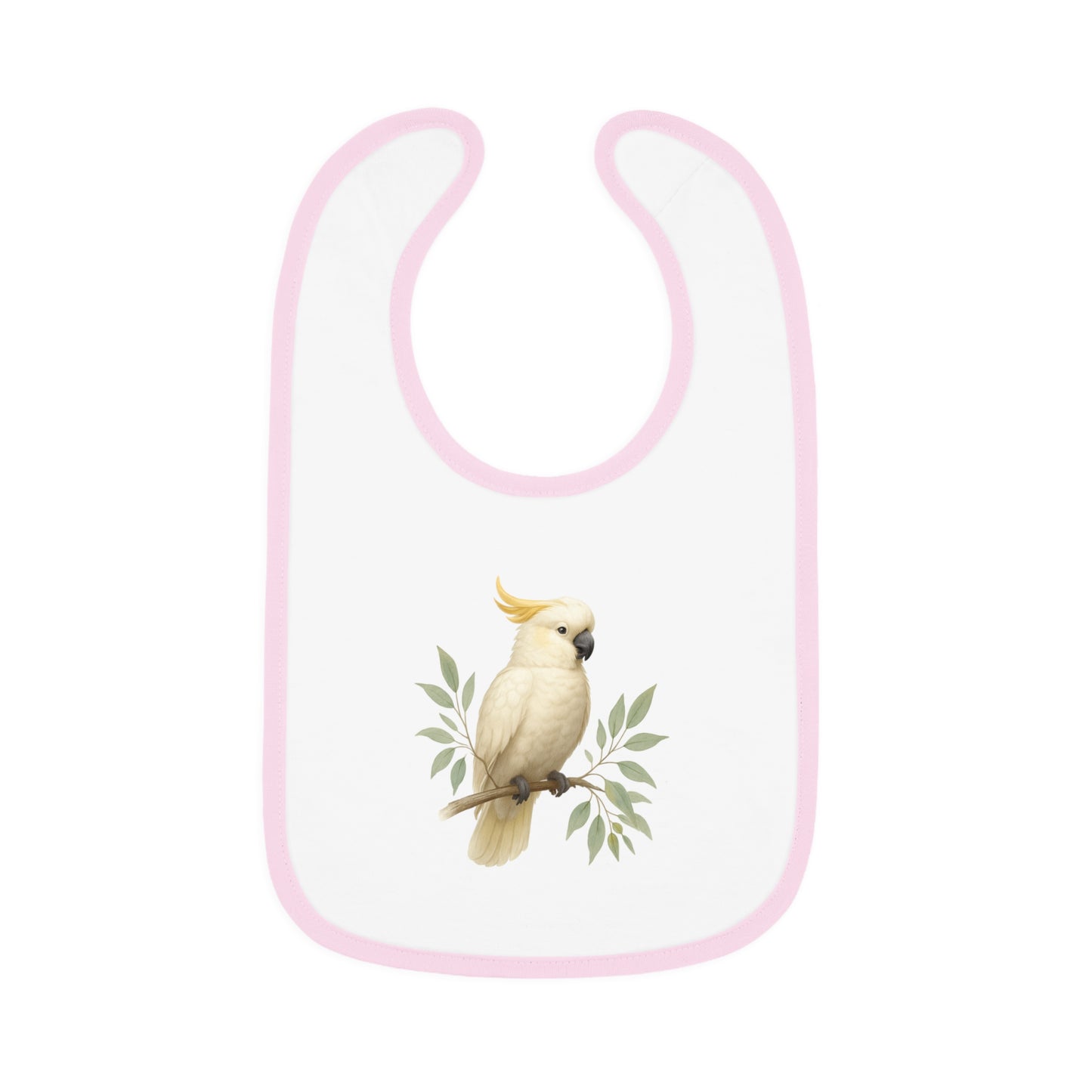 Cockatoo Baby Bib — Soft Contrast-Trim Jersey Bib with Watercolor Parrot Design