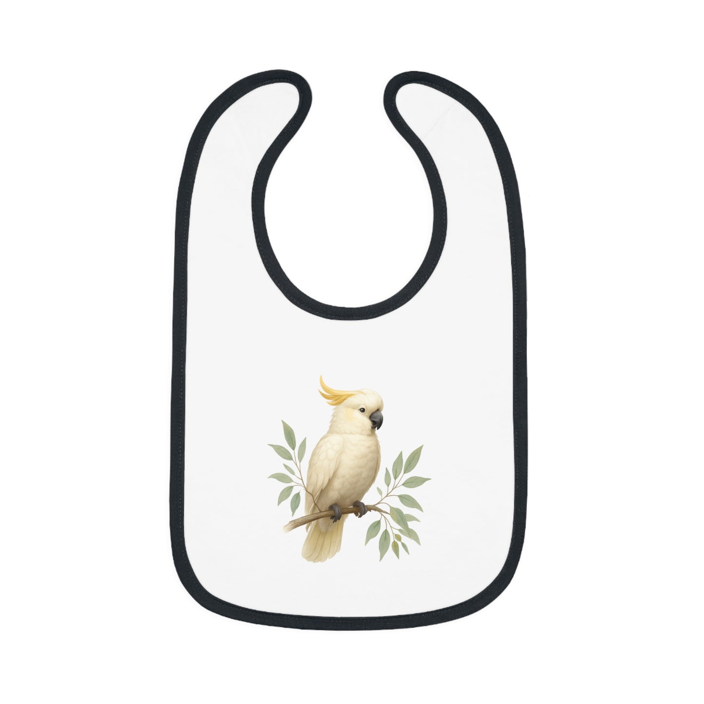 Cockatoo Baby Bib — Soft Contrast-Trim Jersey Bib with Watercolor Parrot Design