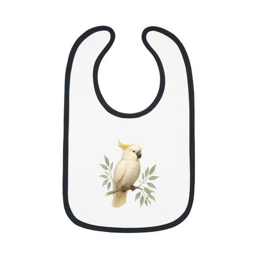 Cockatoo Baby Bib — Soft Contrast-Trim Jersey Bib with Watercolor Parrot Design
