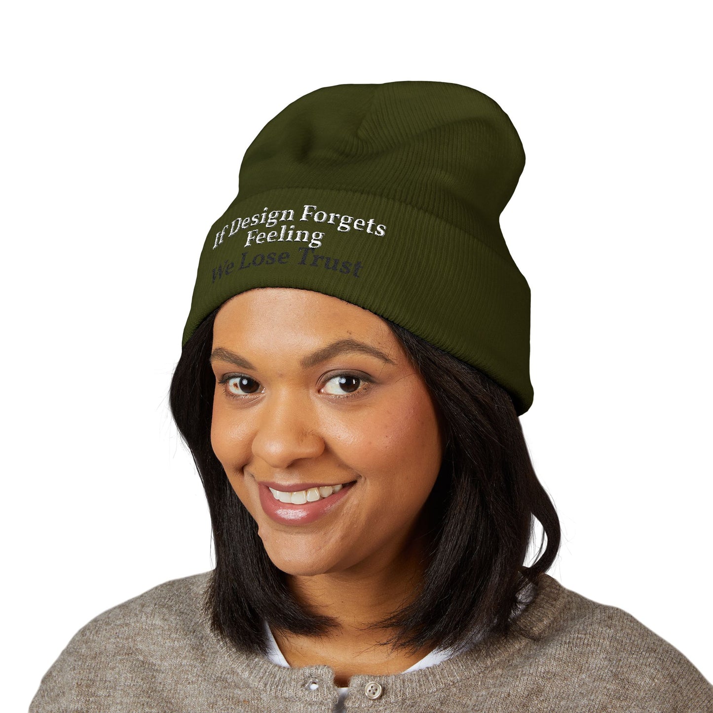 Embroidered Cuffed Beanie — "If Design Forgets Feeling We Lose Trust"