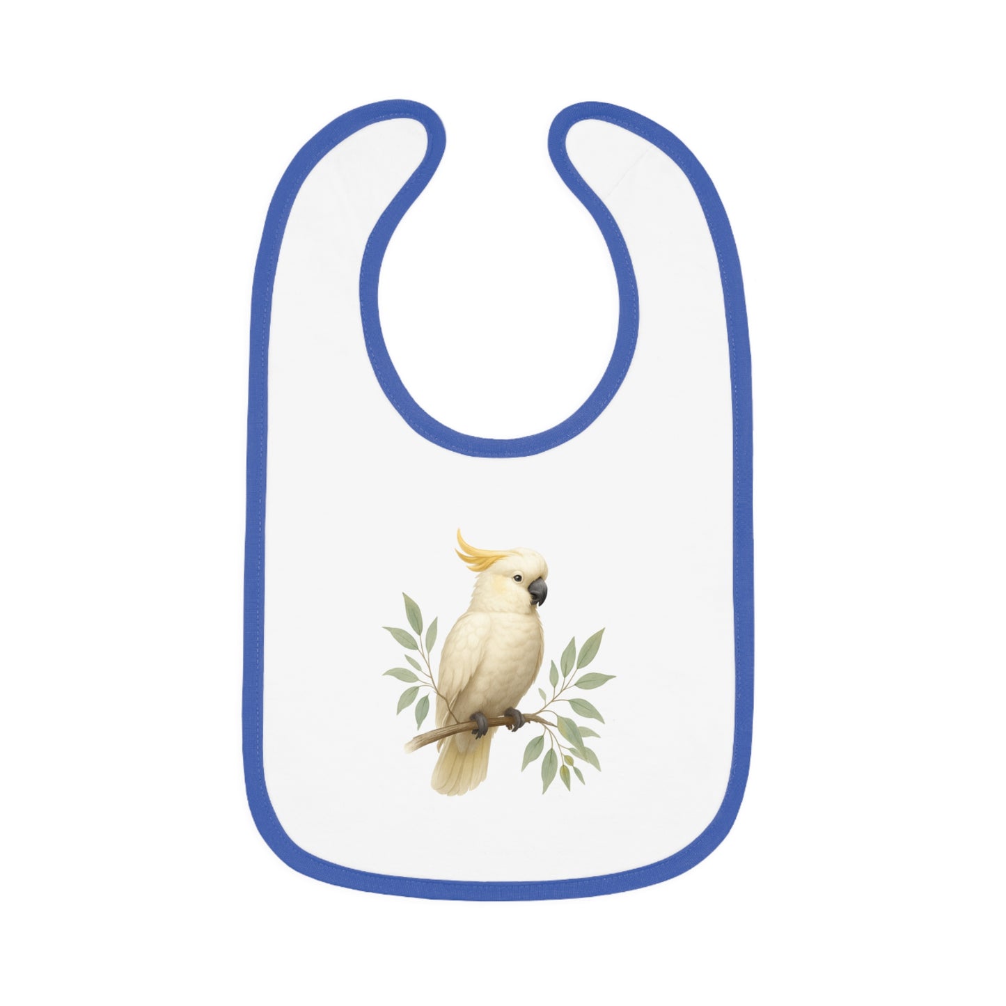 Cockatoo Baby Bib — Soft Contrast-Trim Jersey Bib with Watercolor Parrot Design