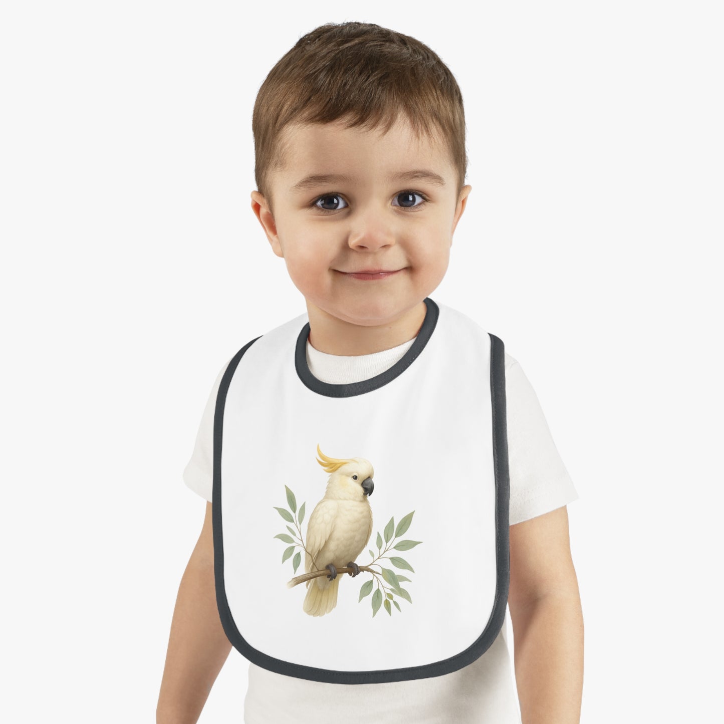 Cockatoo Baby Bib — Soft Contrast-Trim Jersey Bib with Watercolor Parrot Design