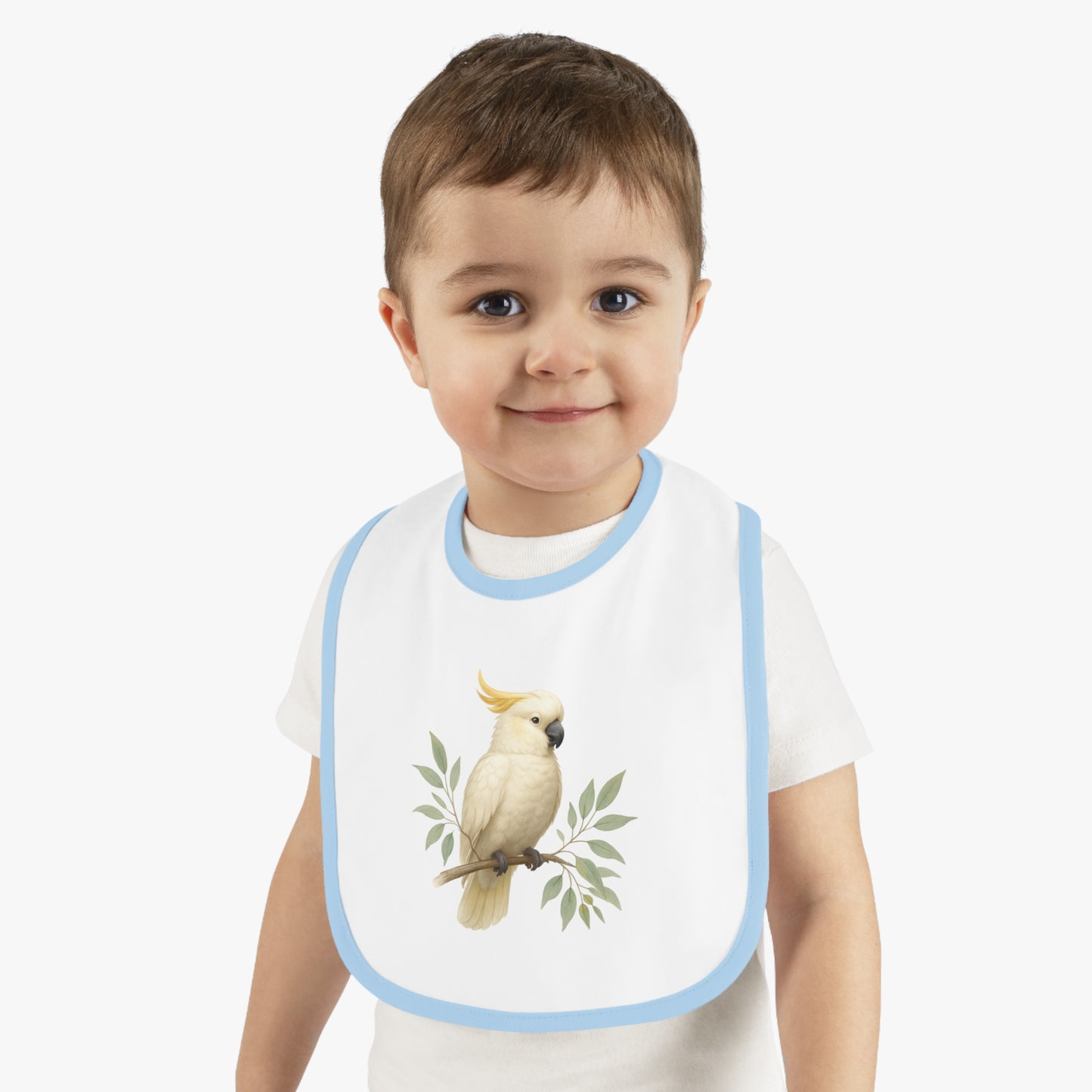 Cockatoo Baby Bib — Soft Contrast-Trim Jersey Bib with Watercolor Parrot Design