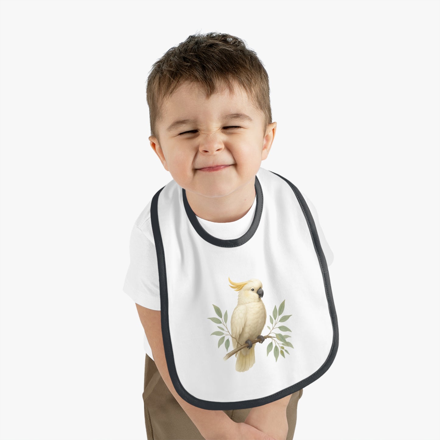 Cockatoo Baby Bib — Soft Contrast-Trim Jersey Bib with Watercolor Parrot Design
