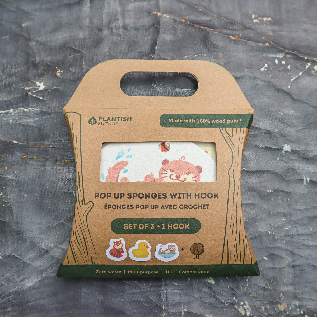 Set of 3 Furry Friends Pop up Sponges + Hook